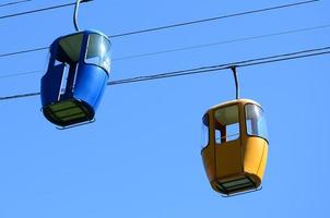 Blue and yellow passenger cable way cabins in the clear sky photo