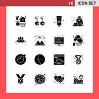 Paquete de 16 iconos de símbolos de glifo de estilo sólido sobre fondo blanco. señales simples para el diseño general. vector