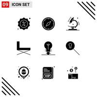 Pack of 9 creative Solid Glyphs of sit interior navigation furniture science Editable Vector Design Elements