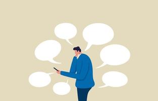 Communication problem or overload. Businessman holding a mobile phone full of  online speech bubble. Illustration vector