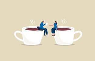 Coffee break business discussion. Businessman and female colleague having coffee break. Illustration vector