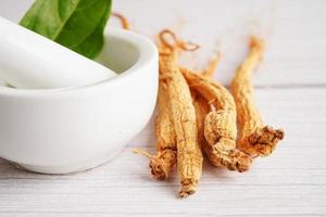Ginseng roots and green leaf, healthy food. photo