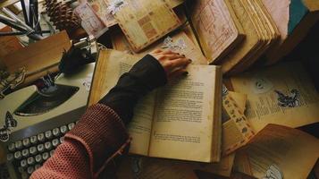 Vintage Desk Top Setting With Old Books And Typewriter photo