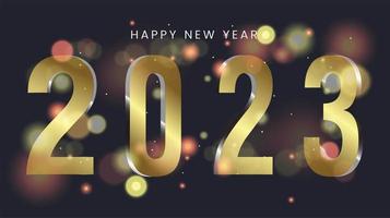 Happy new year 2023 with bokeh light effect on dark background. 3Ds Numbers 2023 in golden color used in banners, poster, print ads design. photo