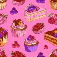 Appetizing cupcakes and cakes with chocolate, berries and caramel. Modern pattern bright vector illustration in sketch style. For wallpaper, printing on fabric, wrapping, background, cookbooks, menus.