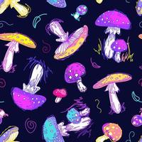 Psychedelic mushrooms pattern. 60s hippie, colorful poisonous fly agaric. Bright summer illustration in Sketch style with cosmic magic mushrooms. For wallpaper, printing on fabric, wrapping vector