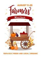 Farmers market banner. Carts with seasonal vegetables and fruits. Fresh local organic food. Pumpkins, eggplants, apples. Stall counters autumn fairs. illustration for advertising banner, poster, flyer vector
