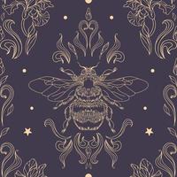 Golden bumblebee, stars and leaves on a dark background. Seamless pattern in vintage style. Halloween, magic, witchcraft, astrology, mysticism. For wallpaper, printing on fabric, wrapping, background. vector