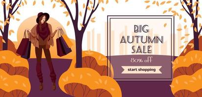 Bright horizontal vector banner in cartoon style. Autumn sale. A happy girl goes shopping in the autumn park against the backdrop of a big city. For advertising banner, website, poster, sale flyer.