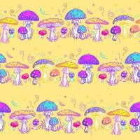 Amanita, non-edible poisonous mushroom, colorful fly agaric. Bright summer illustration in Sketch style with cosmic magic mushrooms, Fairy ring. For wallpaper, printing on fabric, wrapping. vector