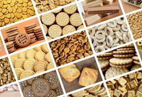 A collage of many pictures with various sweets close-up. A set of images with varieties of biscuits, bagels and candies photo