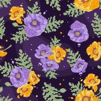 Delicate bouquets of blooming poppies. Bright summer pattern. In yellow-violet tones on a dark contrasting background. Botanical illustration for wallpaper, fabric print, packaging vector