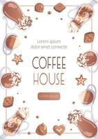 Cappuccino, latte and mocha in a glass, whipped cream, chocolates. Vertical banner for coffee shop, cafe bar, barista. Vintage font. for banner, flyer, advertising, publicity, promo, menu vector