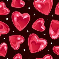 Valentines Day. Bright seamless pattern with shiny realistic heart-shaped balloons and stars. On a black background. For wallpaper, printing on fabrics, packaging. vector