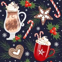 bebidas navideñas de invierno, patrones sin fisuras. chocolate caliente y crema batida. bastón de caramelo pan de jengibre en forma de copos de nieve y corazones. abeto y acebo. para comida para café, papel tapiz, tela vector