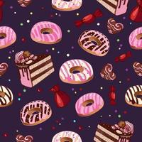 Seamless pattern donuts, chocolates, cake. Dessert food illustration. National Donut Day. Sweetest Day. International cake day. No Diet Day. For packaging, menu, cookbook, postcard, banner. vector