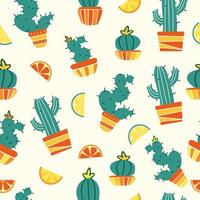 Summer seamless pattern. Houseplant in bright citrus colors. Mexican cacti in pots, wedges of lemon, grapefruit and lime. Bright vector flat illustration. For printing fabric, merchandise, gift wrap