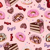 Seamless pattern donuts, chocolates, cake. Dessert food illustration. National Donut Day. Sweetest Day. International cake day. No Diet Day. For packaging, menu, cookbook, postcard, banner. vector