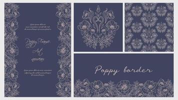 Poppy flowers. Set of elegant classic templates in vintage style. Horizontal border, frame, seamless pattern. Botanical illustration for banners, fabric, frame, website, flyer, wallpaper. vector