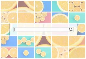 Visualization of the search bar on the background of a collage of many pictures with juicy oranges. Set of images with fruits on backgrounds of different colors photo