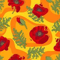 Flowers and leaves of poppies on color spots. Bright sunny summer pattern. In yellow-orange. Botanical illustration for wallpaper, fabric printing, packaging. vector