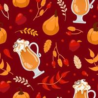 amante de las especias de calabaza. día internacional del café. vaso con espuma de leche, calabazas, hojas de otoño y manzanas. patrón impecable para cafés, tiendas, menús, papel tapiz, impresión en tela, envoltura. vector