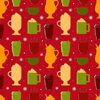 Hot winter drinks. Seamless pattern with silhouettes of coffee, cocoa, cappuccino. White snowflakes on a red background. In festive Christmas colors. For wallpaper, fabric, wrapping, background. vector
