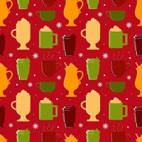 Hot winter drinks. Seamless pattern with silhouettes of coffee, cocoa, cappuccino. White snowflakes on a red background. In festive Christmas colors. For wallpaper, fabric, wrapping, background. vector