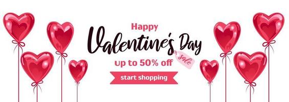 Symmetrical horizontal banner for Valentines Day. Bright realistic heart-shaped balloons, bows, ribbons. On white background. For advertising banner, website, advertising flyer vector