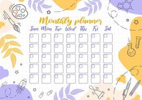 Monthly planner. Template design, important dates. Schedule for printing, calendar for study or work. Attributes for chemistry and drawing, school bell. Bright modern sketch style illustration vector