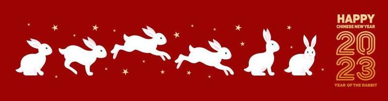 Rabbits, happy Chinese New Year 2023. Bright vector banner with golden pattern on red background, starry sky. Asian style. Vintage font. for poster, banner, flyer, advertisement.