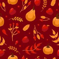 Hello, Autumn. Harvesting. Pumpkins, berries, leaves, apples. Bright seamless pattern with natural fruit and plant elements. For wallpaper, printing on fabric, wrapping. Warm red-orange colors vector