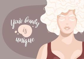 Beautiful woman with albinism and curly hair. Body positivity concept. International Albinism Awareness Day. Skin depigmentation disease. For posters, postcards, banners vector