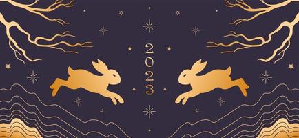 Rabbit, symbol of Chinese New Year 2023. Bright vector vintage banner with gold pattern, Asian style. Tree branches, mountains, starry sky. for poster, banner, flyer, advertising