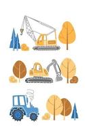 Childrens set of construction equipment. Cartoon illustration for boys in a scandinavian style. Transport machine excavator, tractor crane, trees. For posters, cards, books, design elements. vector