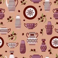 Bright seamless vector pattern Greek amphorae, vases, plates, pots and bowls with ethnic patterns. Olive branches. Handmade ceramics. For kitchen, wallpaper, fabric, wrapping. In earthy tones