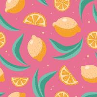 limones y hojas. patrón transparente de verano de moda brillante. frutas, rodajas, salpicaduras de jugo sobre un fondo rosa. para papel pintado, impresión sobre tela, envoltura vector