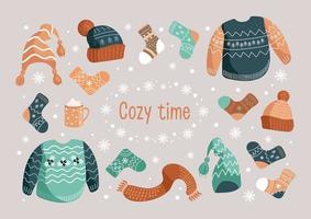 Vector Christmas illustration of a set of winter warm clothes. Hats, socks, ugly Christmas sweater, jumper, scarf. Mug with cocoa. In earthy shades. For stickers, posters, postcards, design elements