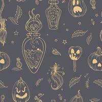 Vector seamless pattern cute illustration graphic drawing vintage style for Halloween. Pumpkin jack lantern. Magic mushrooms, witch potions, tufts of hair. For wallpaper, printing on fabric, wrapping.