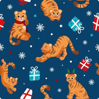 Christmas bright seamless pattern in cartoon style. Tiger symbol of Chinese New Year 2022. Gifts, stars, trees, snowflakes. For nursery, wallpaper, printing on fabric, wrapping,