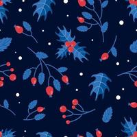 Bright Christmas pattern. Winter berries rosehip, holly. In red and blue festive colors. In a flat style. For nursery, wallpaper, printing on fabric, wrapping. vector