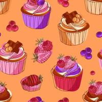 Delicious cupcakes with chocolate, berries and caramel. Modern pattern bright vector illustration in sketch style. For wallpaper, printing on fabric, wrapping, background, cookbooks, menus