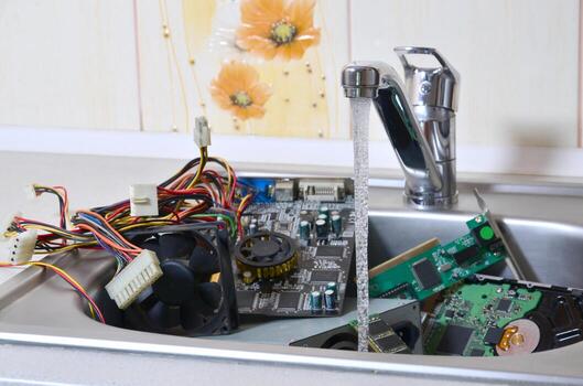 Hardware in kitchen sink under the water flow computer cleaning metaphoric concept photo