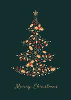 Bright artistic template Merry Christmas. Winter, Christmas tree, stars, berries, holly. In festive colors of gold, red and green. Vintage style. For posters, cards, banners. vector