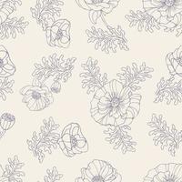 Gentle nude summer flower poppy pattern. Gray seamless pattern on a beige background. Graceful buds with leaves. Retro illustration in hand drawn style. For textile, packaging, background vector