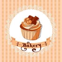 Chocolate cupcake on a lacy napkin on a checkered background. Template for a bakery. Vintage illustration in sketch style in beige tones. For menu, pastry shop, birthday invitation, postcard, poster vector