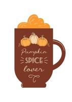 Pumpkin spice lover. International coffee day. Silhouette of a glass with foam. Vintage lettering. For cafes, shops, menus, posters, postcards, banners vector