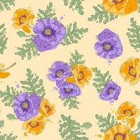 Delicate bouquets of blooming poppies. Bright summer pattern. In yellow-violet pastel colors. Botanical illustration for wallpaper, fabric print, packaging vector