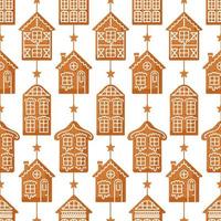 Gingerbread. European-style houses, decorated with icing. Seamless pattern in the form of a garland of traditional holiday cookies. For wallpaper, printing on fabric, wrapping, background vector
