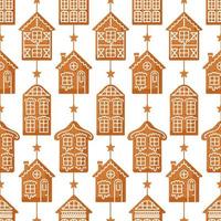 Gingerbread. European-style houses, decorated with icing. Seamless pattern in the form of a garland of traditional holiday cookies. For wallpaper, printing on fabric, wrapping, background vector